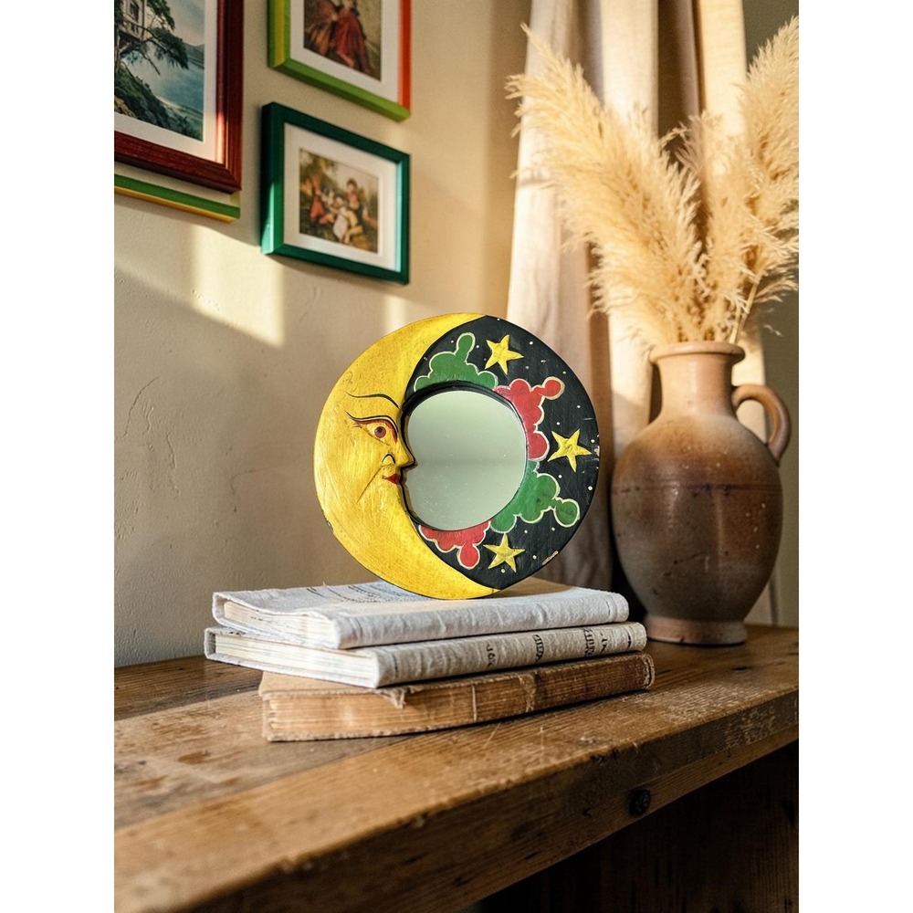 Vintage Carved Wood Moon Mirror – Celestial Shooting Stars Wall Art